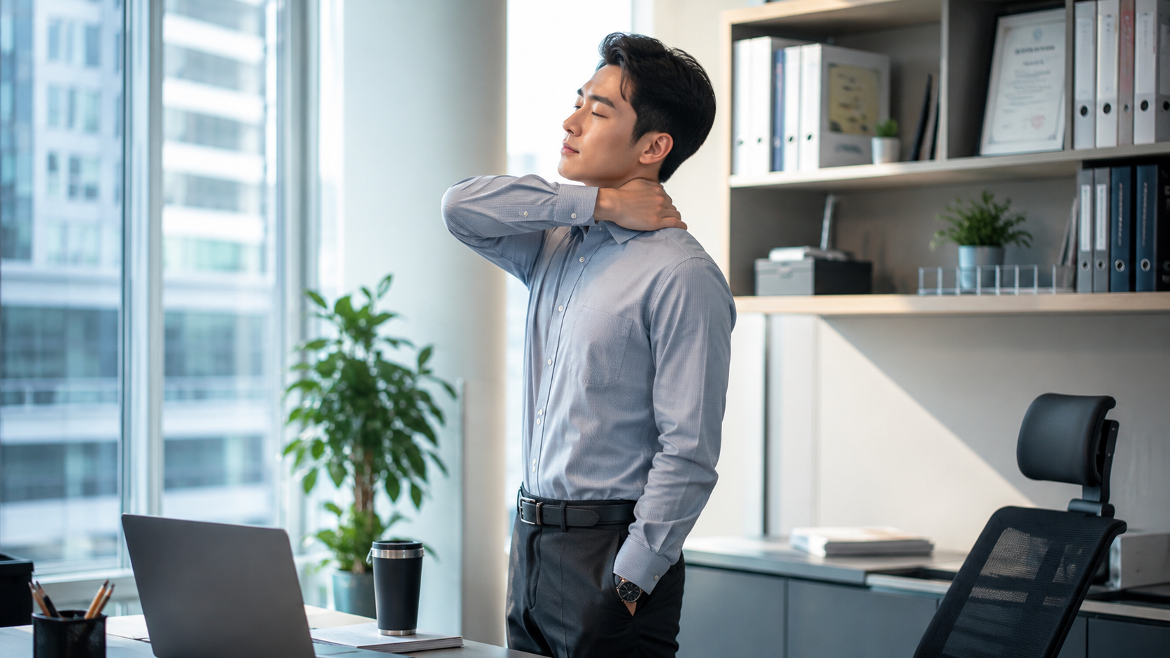 정리된 책상에서 다시 업무에 집중하는 모습